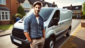 A cool, friendly-looking man standing by a modern, sleek moving van in a residential area. He is dressed casually, with a confident and approachable e